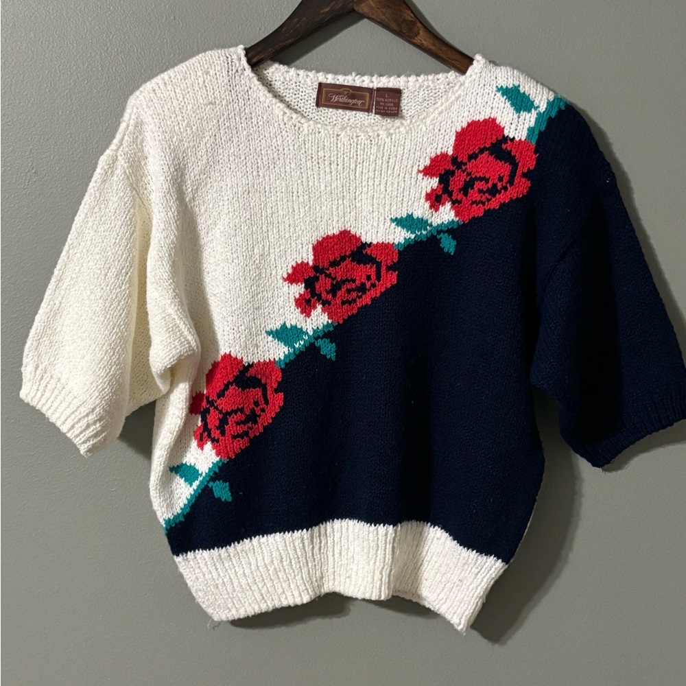 Vintage Floral Knit Sweater - Cream and Navy